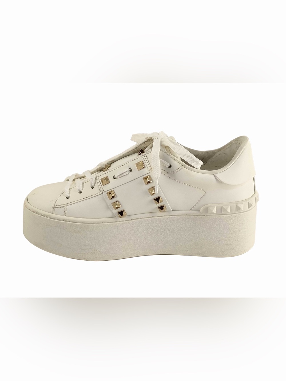Valentino Garavani White Leather Gold Rockstud Platform Sneakers